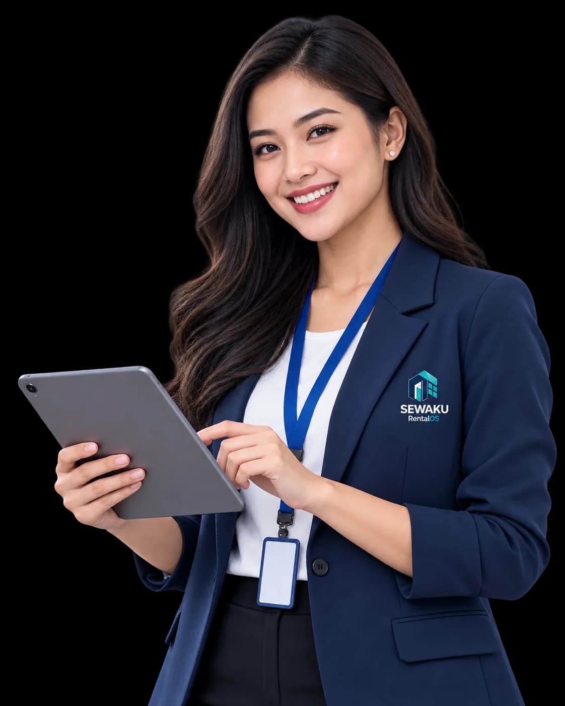 Agen sewa memegang tablet berisi daftar unit